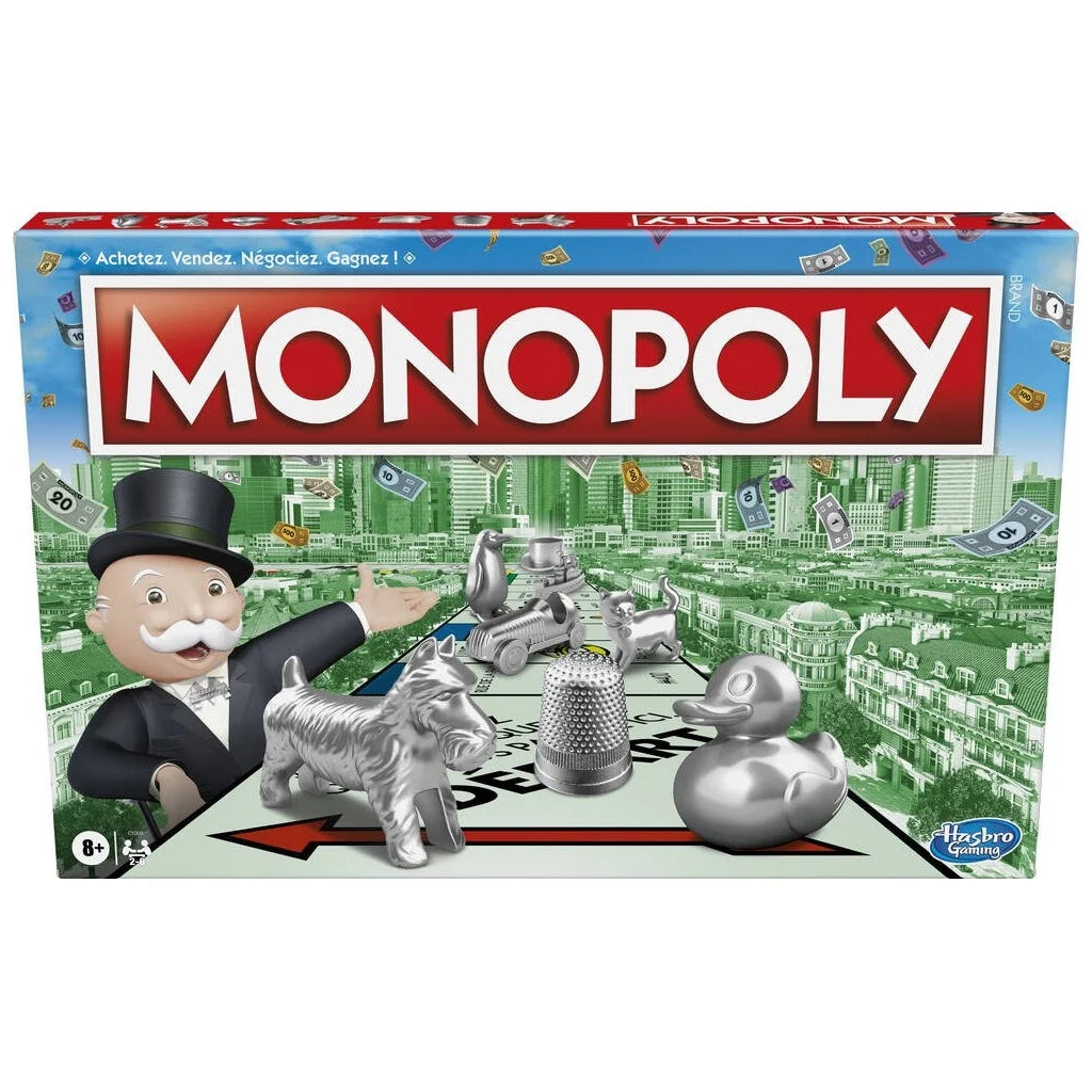Monopoly board game box, French edition, cityscape and game tokens illustration