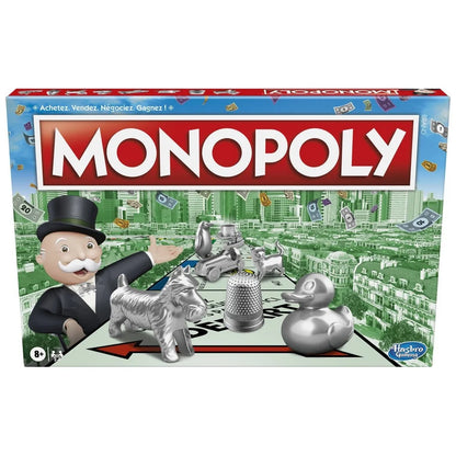 Monopoly board game box, French edition, cityscape and game tokens illustration