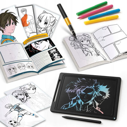 Kids manga art workshop with LCD drawing tablet, sketch pads, and colored pens
