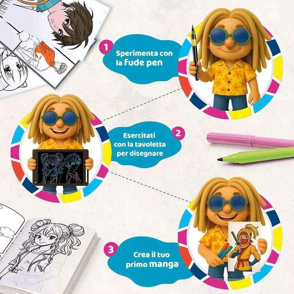 Children’s manga art workshop guide with LCD tablet and colored stylus pen