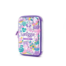 Smiggle lunch bag with purple trim, playful character print and zip closure