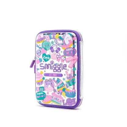 Smiggle lunch bag with purple trim, playful character print and zip closure