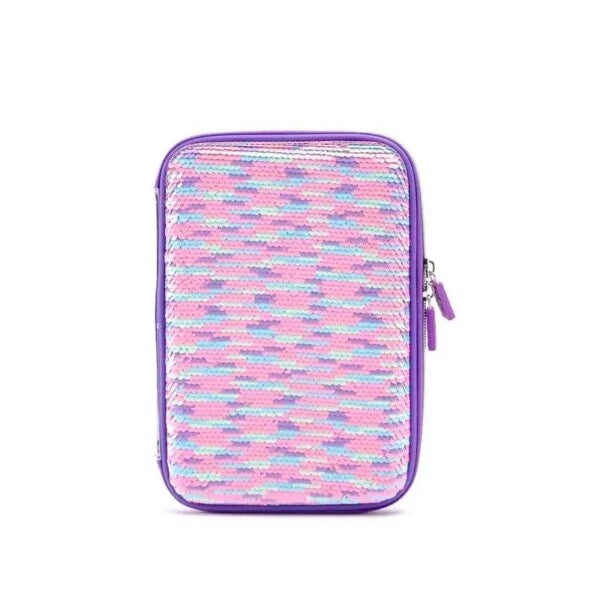 Smiggle lunch bag with purple edging, pastel striped textured front and zip