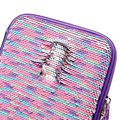 Smiggle lunch bag close-up with pink and teal sequin scales and purple trim