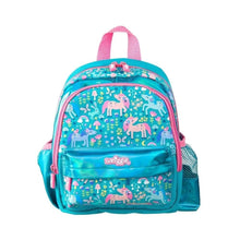Smiggle 12" teeny tiny backpack, turquoise with unicorn pattern and front zip pocket