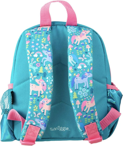 Smiggle teeny tiny backpack, turquoise unicorn print with adjustable pink shoulder straps