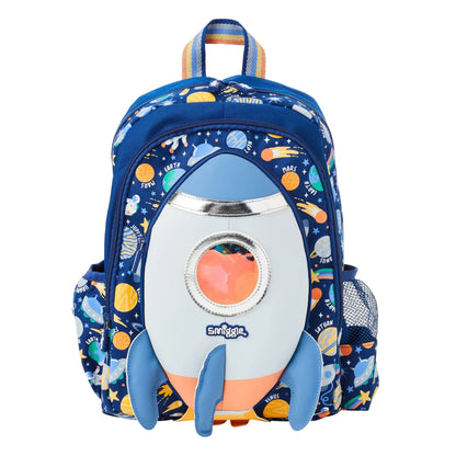 Blue teeny tiny rocket backpack with front rocket graphic and rainbow striped top handle