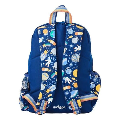 Blue rocket print backpack with two front straps and padded back panel