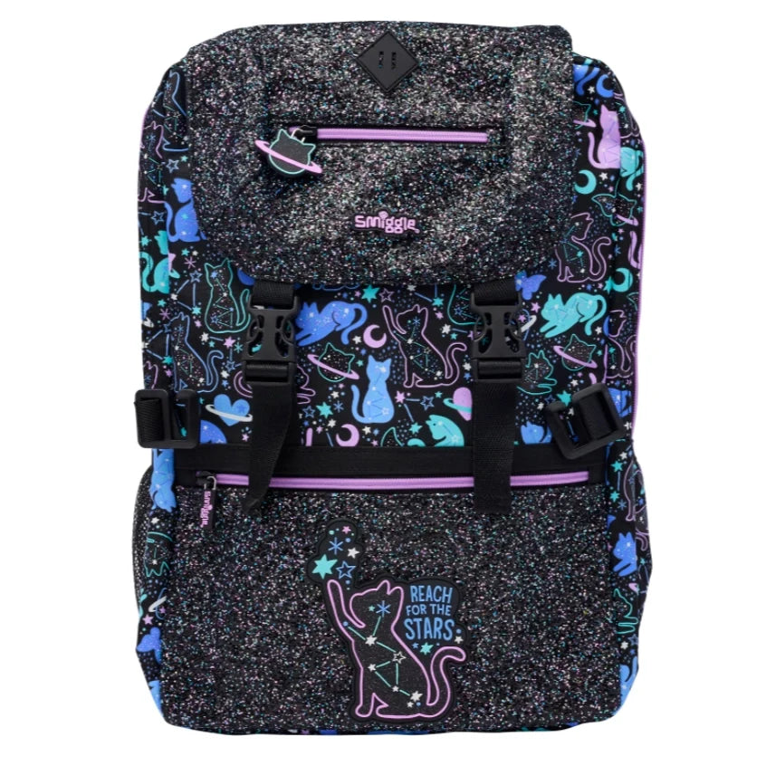 Smiggle 17-inch cats backpack with dark speckle fabric, purple/blue cat pattern and front pocket