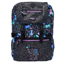Smiggle 17-inch cats backpack with dark speckle fabric, purple/blue cat pattern and front pocket