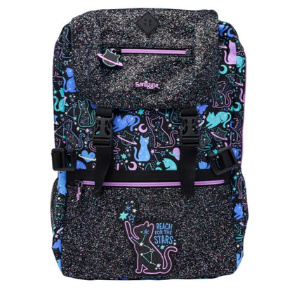 Smiggle 17-inch cats backpack with dark speckle fabric, purple/blue cat pattern and front pocket