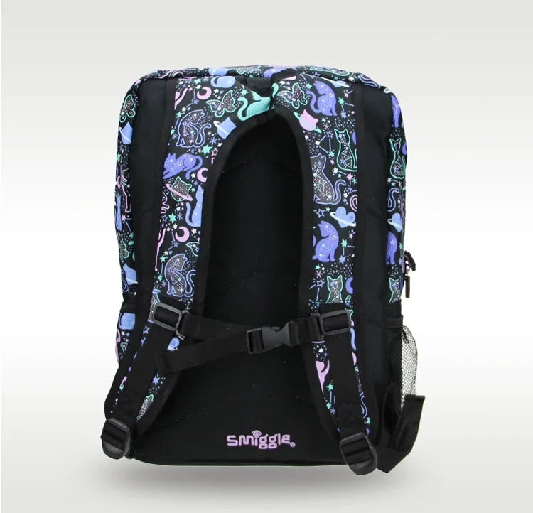Smiggle cats backpack with black interior panel, cat print sides, and padded shoulder straps