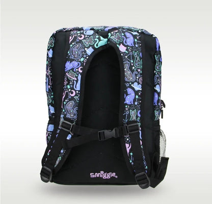 Smiggle cats backpack with black interior panel, cat print sides, and padded shoulder straps