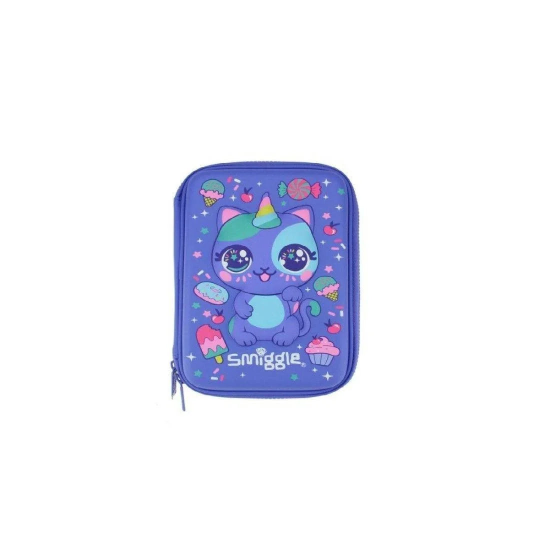 Blue double-zip pencil case with cute purple monster graphic