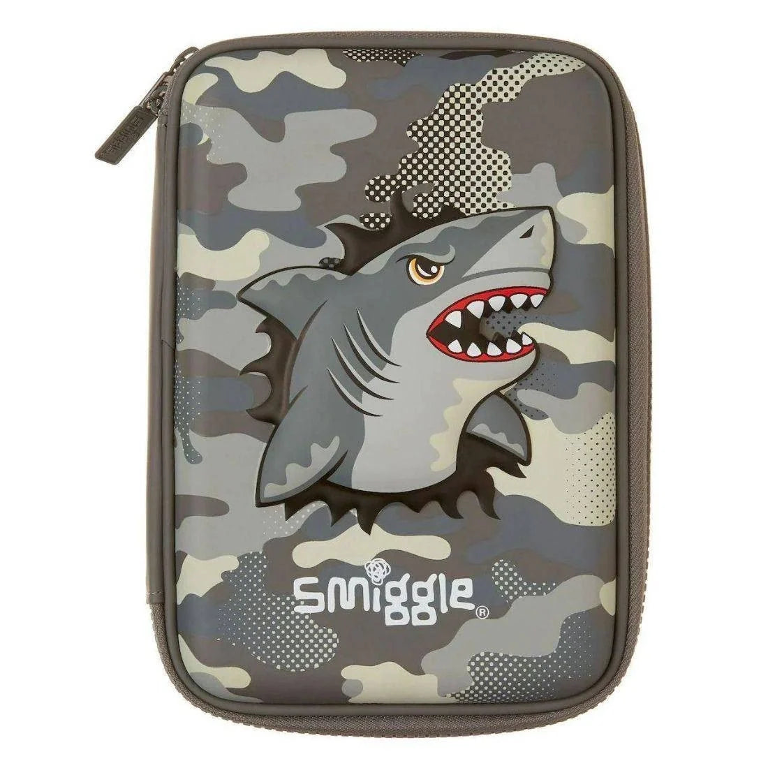 Dark camo double-zip pencil case with grinning shark face graphic