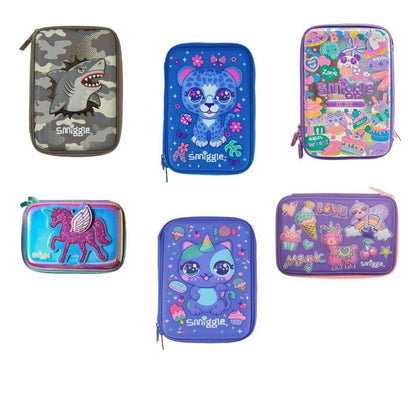 Assorted double-zip pencil cases with colorful animal graphics