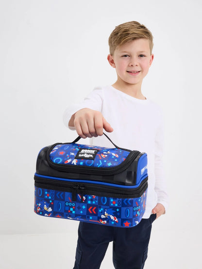 Blue and black Sonic print lunch bag with carry handle and front zipper
