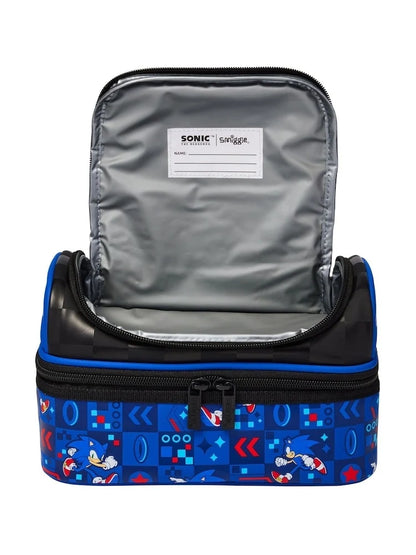 Sonic lunch bag interior with gray lining, black zipper, and blue patterned front