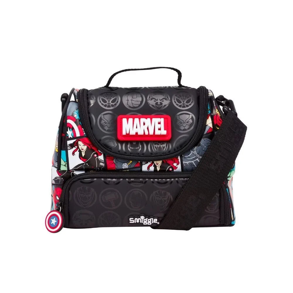 Marvel logo lunch bag, black with character pattern panels and top handle.
