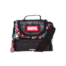 Marvel logo lunch bag, black with character pattern panels and top handle.