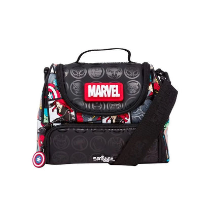 Marvel logo lunch bag, black with character pattern panels and top handle.