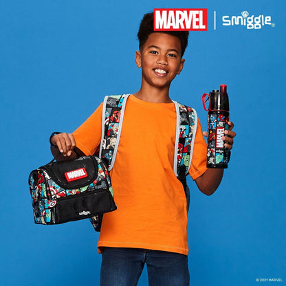 Marvel character lunch bag, black with side pocket, adjustable strap, and front flap.
