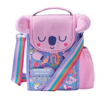 Purple koala face lunch bag with rainbow shoulder strap and zip front pocket