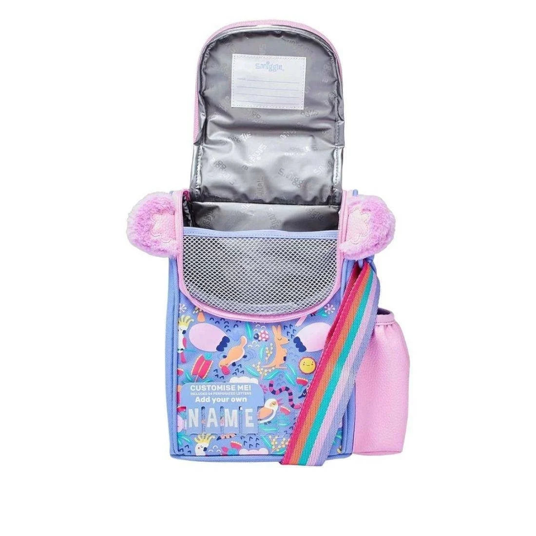 Purple lunch bag open top with gray insulated lining, front panel and rainbow strap