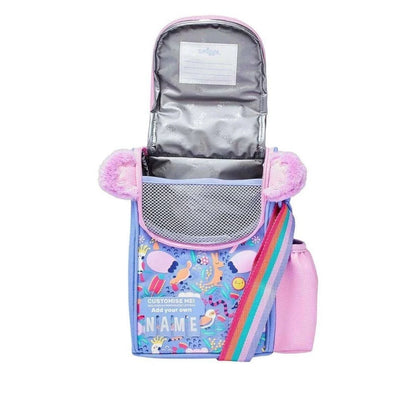 Purple lunch bag open top with gray insulated lining, front panel and rainbow strap