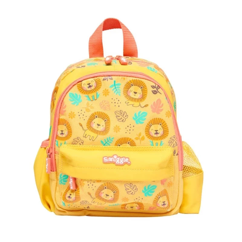 Kids mini lion-print backpack, yellow with orange handle and front pocket