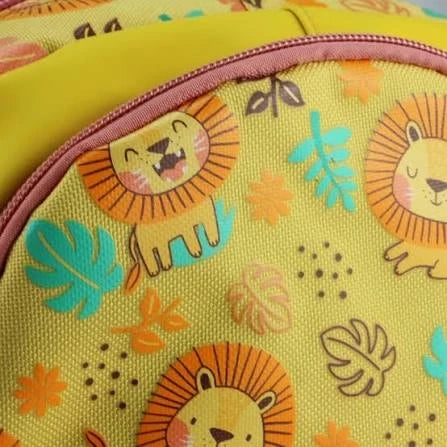 Kids mini lion-print backpack fabric, close-up of lions, leaves, and zipper trim