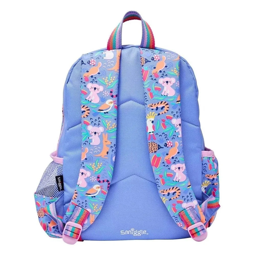 Smiggle 14-inch animal print backpack with padded blue back and adjustable straps