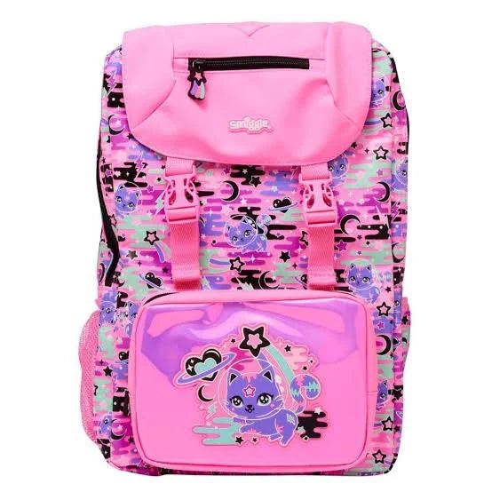 Smiggle 18-inch cats backpack, pink with cute cat graphic front pocket