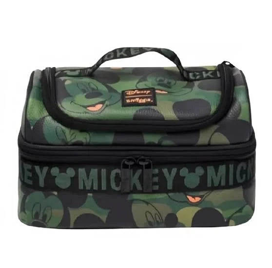 Camo Mickey lunch bag with top handle, zip closure, and front pocket