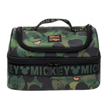 Camo Mickey lunch bag with top handle, zip closure, and front pocket