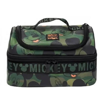 Camo Mickey lunch bag with top handle, zip closure, and front pocket