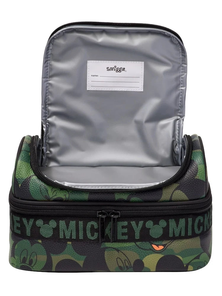 Camo Mickey lunch bag with silver interior panel and zip-top compartment