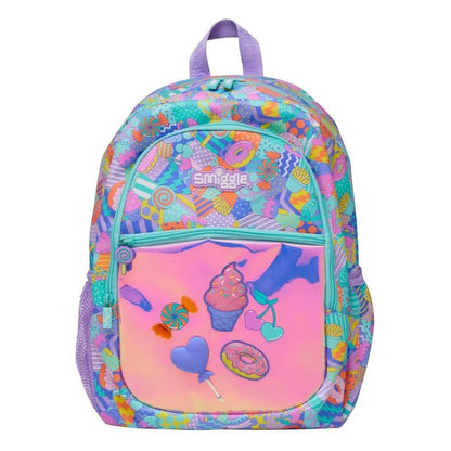 Colorful Smiggle backpack with purple accents, front zip pocket, candy graphic print
