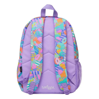 Smiggle backpack back view with padded purple straps and candy pattern, mesh side pocket