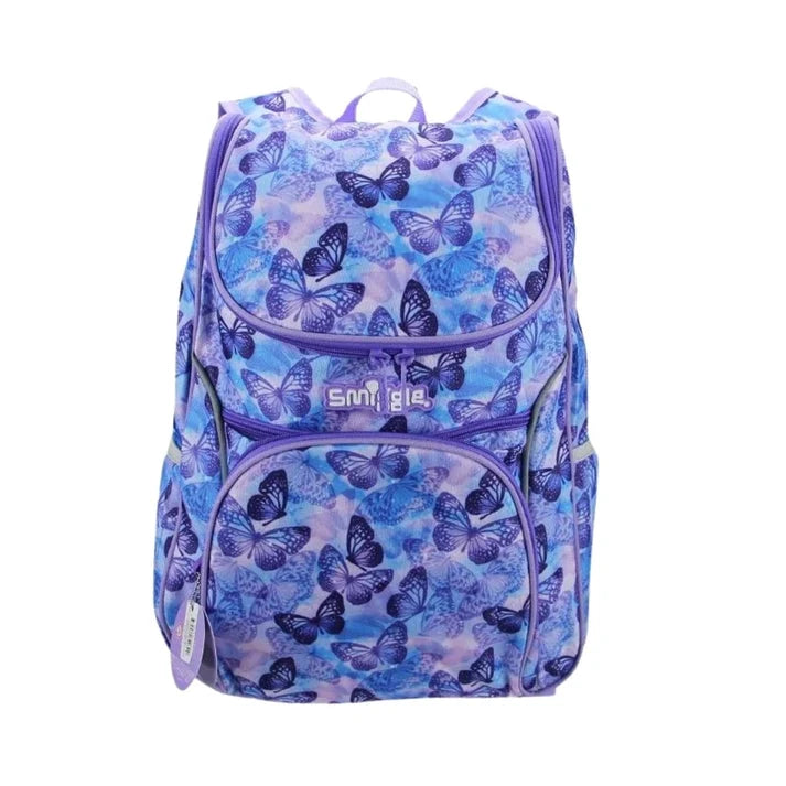 Smiggle 17-inch butterfly backpack, purple-blue patterned with front zip pockets
