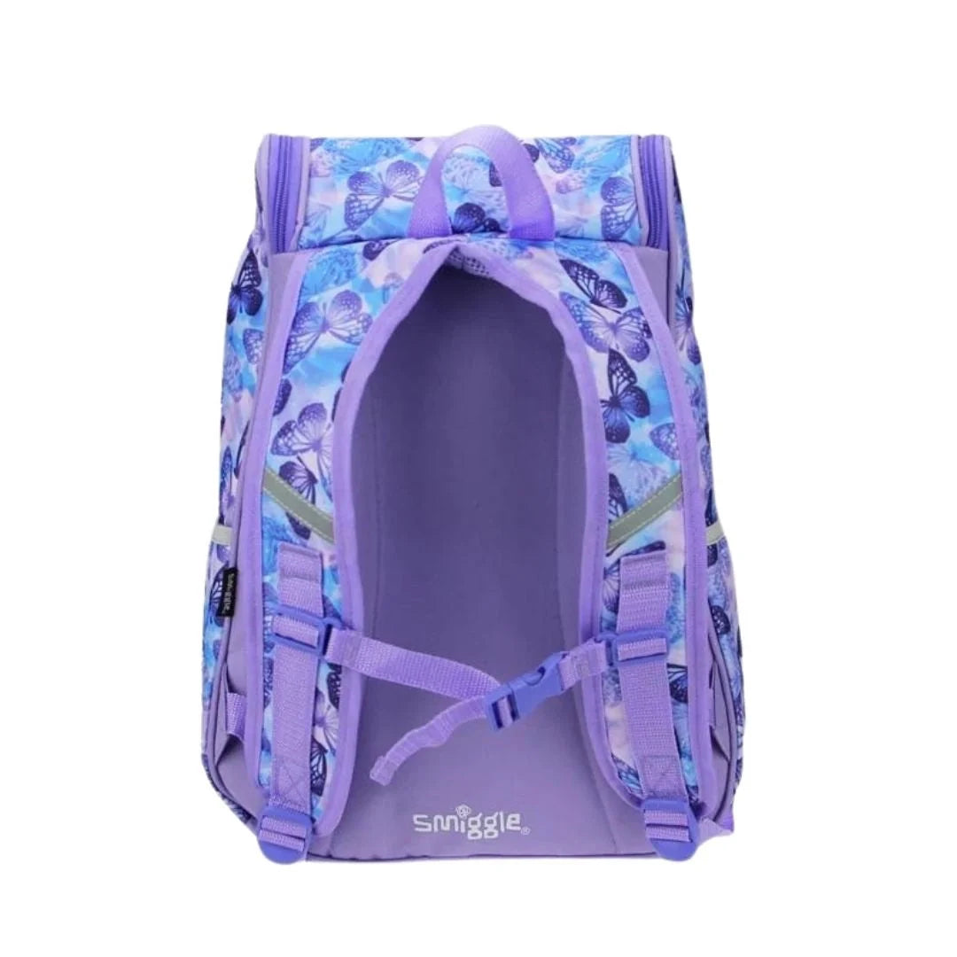 Smiggle 17-inch butterfly backpack, open top with purple-lined interior and straps