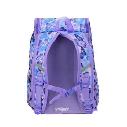 Smiggle 17-inch butterfly backpack, open top with purple-lined interior and straps