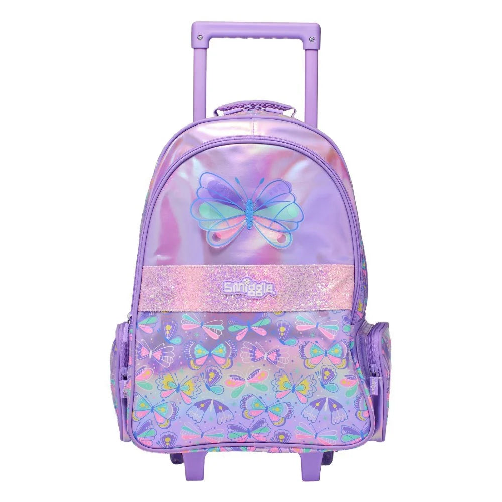 Smiggle 18" trolley backpack, purple holographic butterfly pattern, upright handle