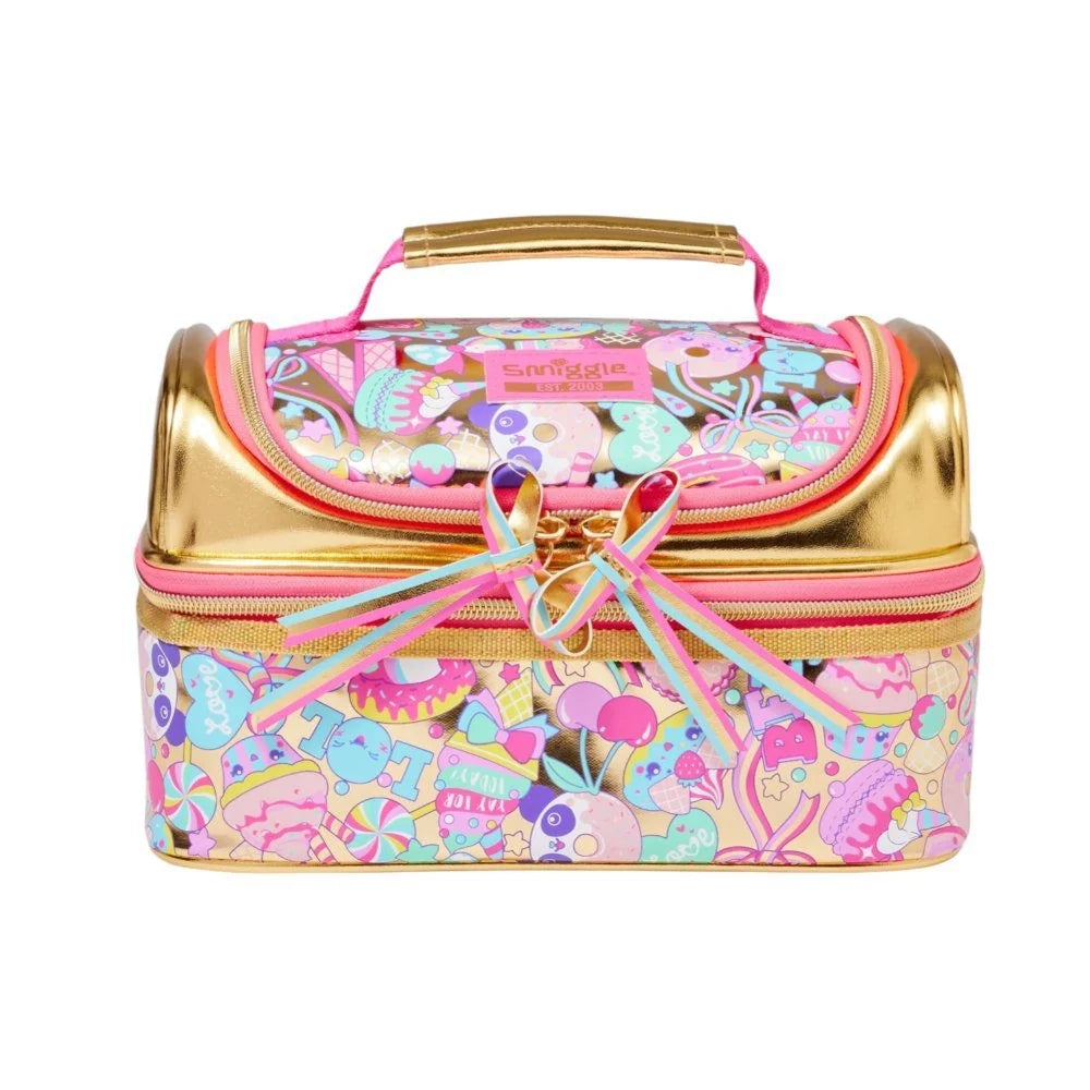Candy Shop lunch bag with colorful pastel candy print, gold trim and top handle