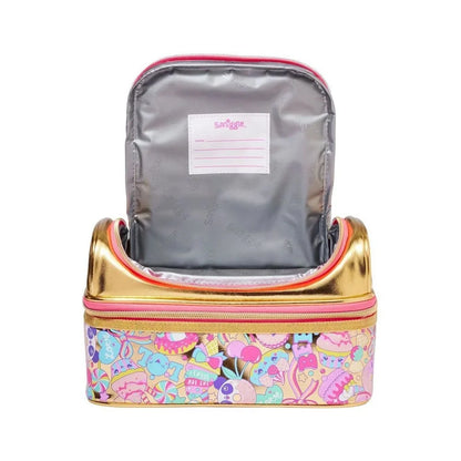 Candy Shop lunch bag with candy print base, gold trim, open top and gray lining
