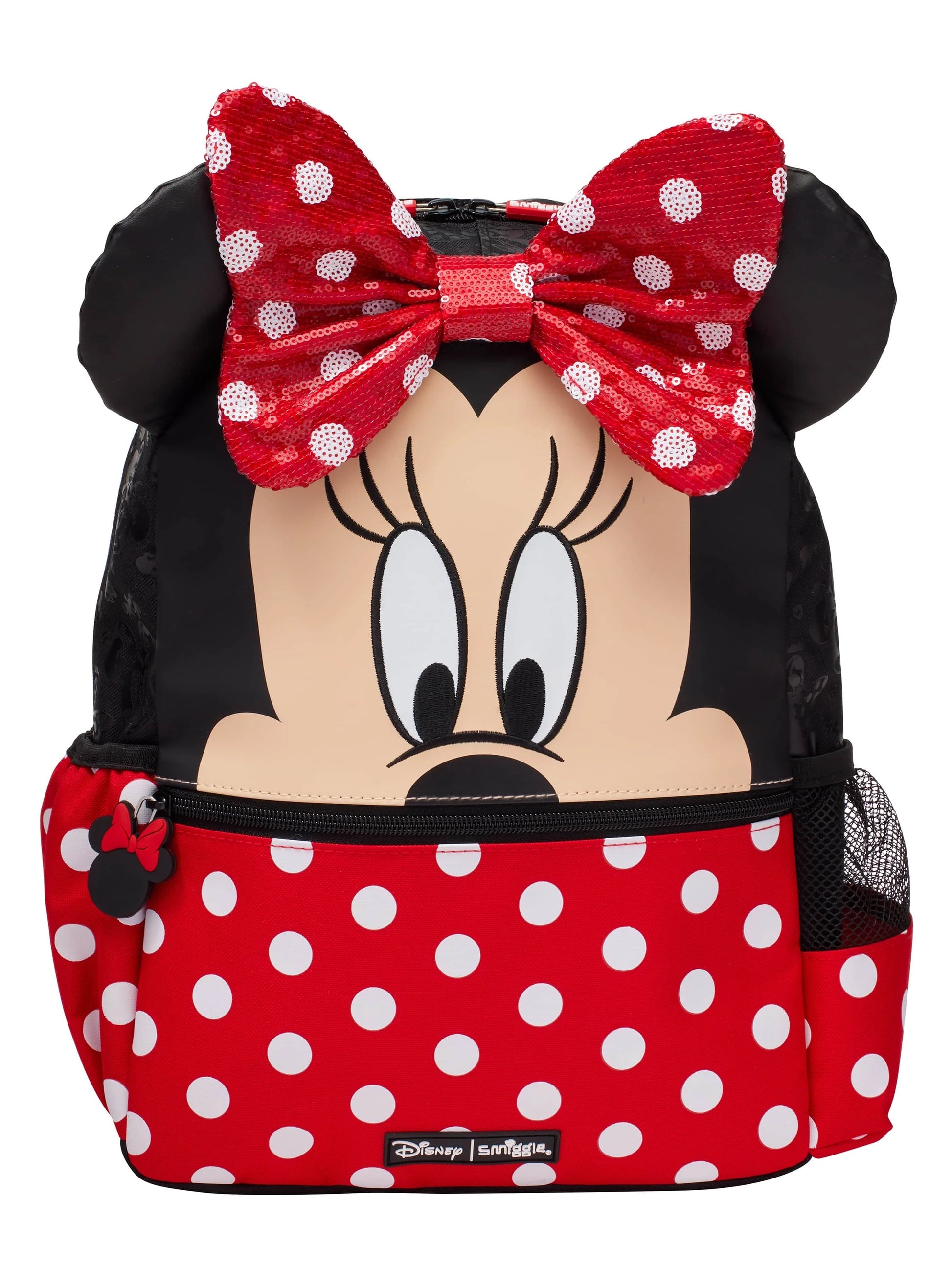 Minnie-themed 14-inch backpack with red polka-dot bow and black ears