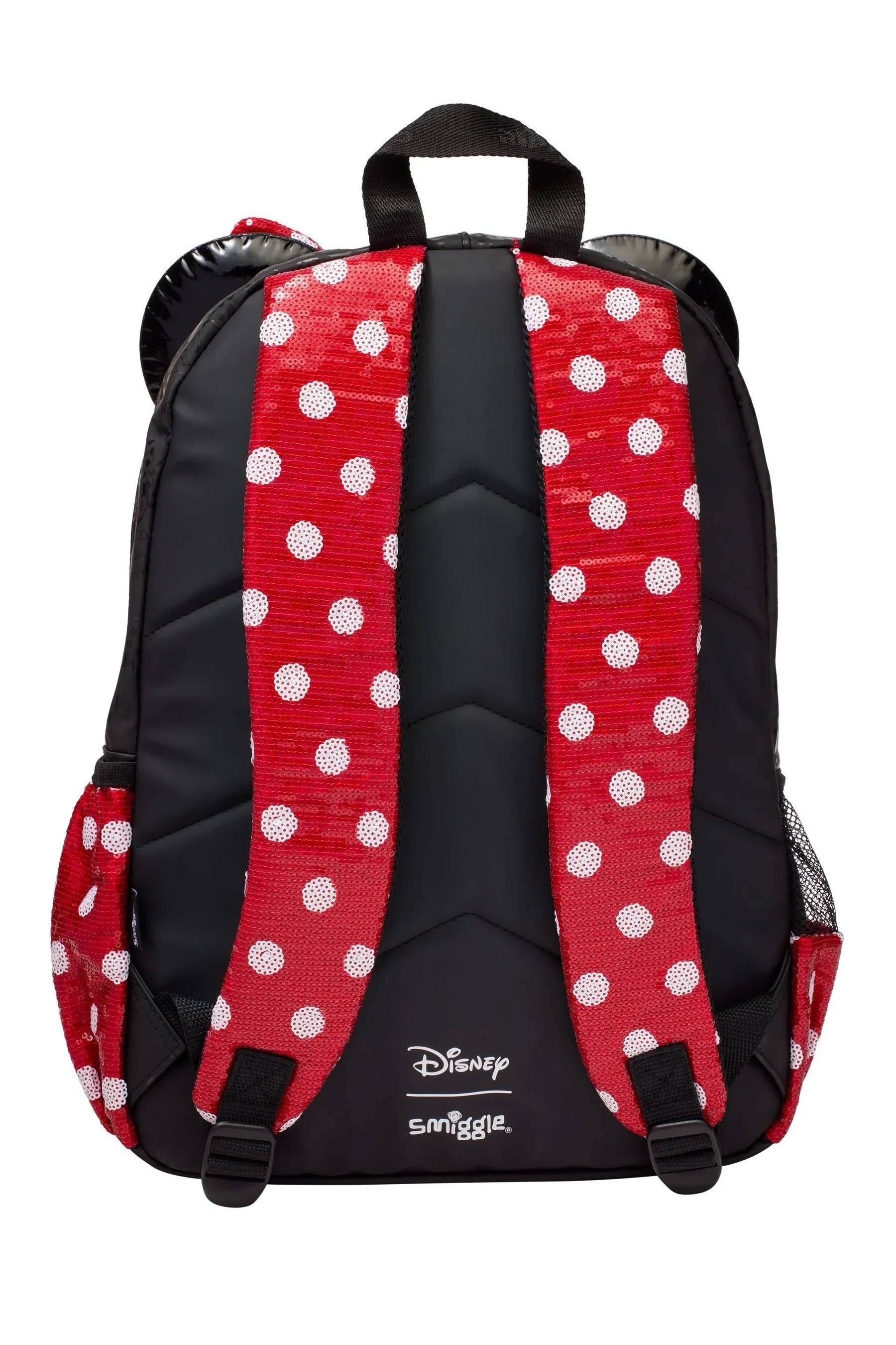 Minnie-themed 14-inch backpack back view with red polka-dot panel and black straps