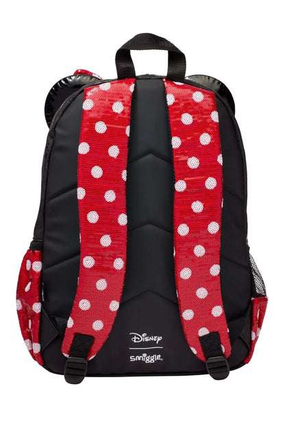 Minnie-themed 14-inch backpack back view with red polka-dot panel and black straps