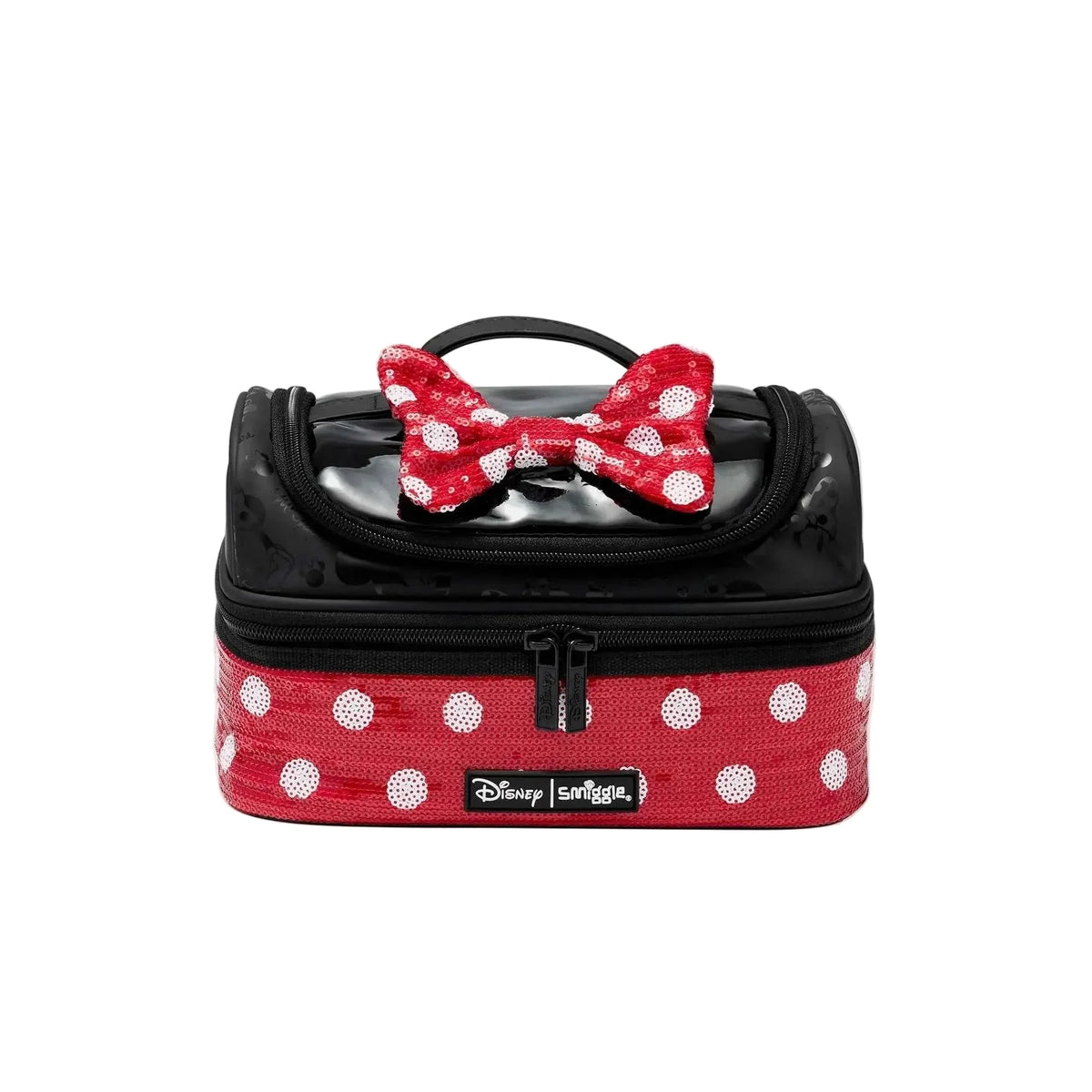 Smiggle lunch bag with red polka-dot band and red bow on black top