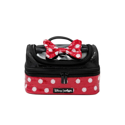 Smiggle lunch bag with red polka-dot band and red bow on black top